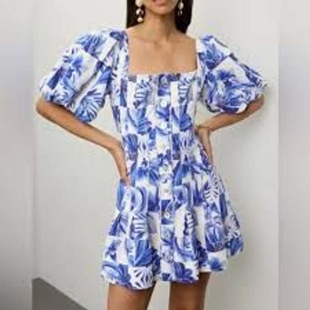 Farm Rio Blue White Floral Mini Dress Puff Sleeve Button Front XXS